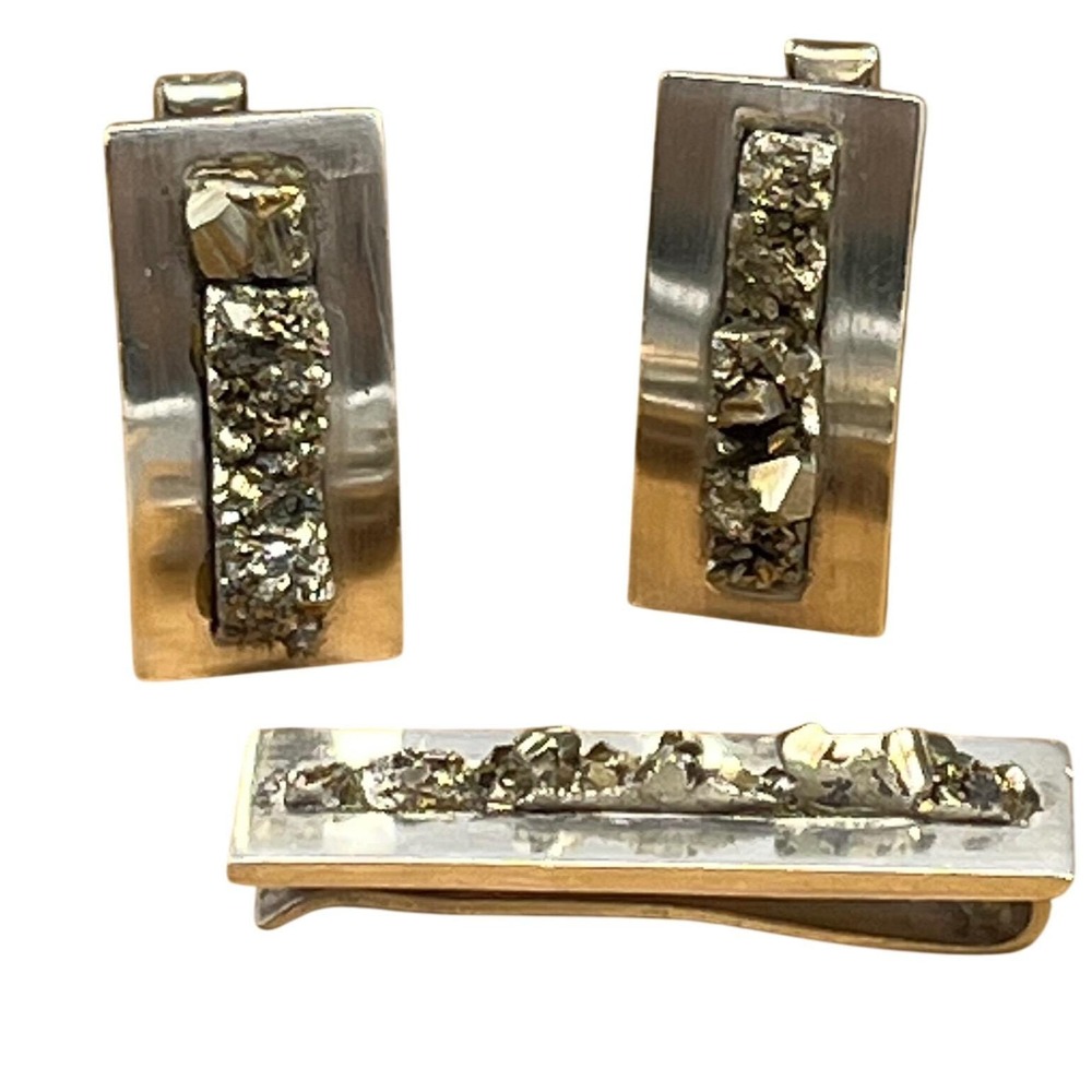 Vintage Sterlng Silver Raw pyrite Cufflinks‎ & Tie Clip signed JLP Taxco